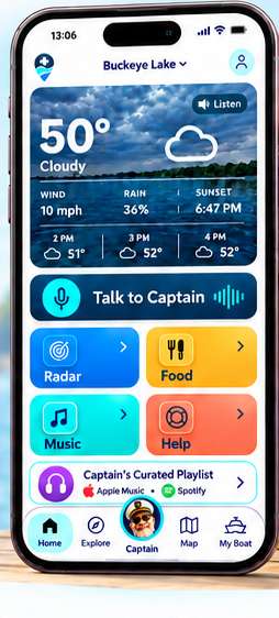 BoatMedix app home screen showing weather, radar, food, music, marine help, and Talk to Captain