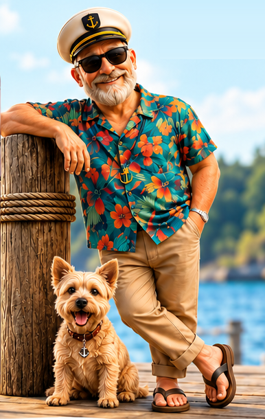 Captain, a friendly boating co-captain, standing with Penny the small dog by the water