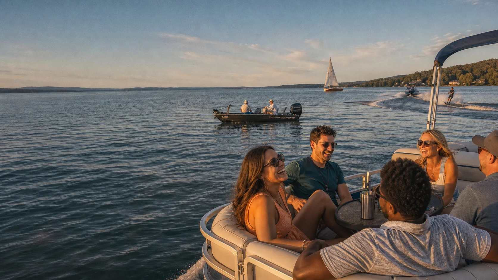 Friends on a pontoon at golden hour, with a fishing boat, sailboat, and wakeboarder sharing the lake